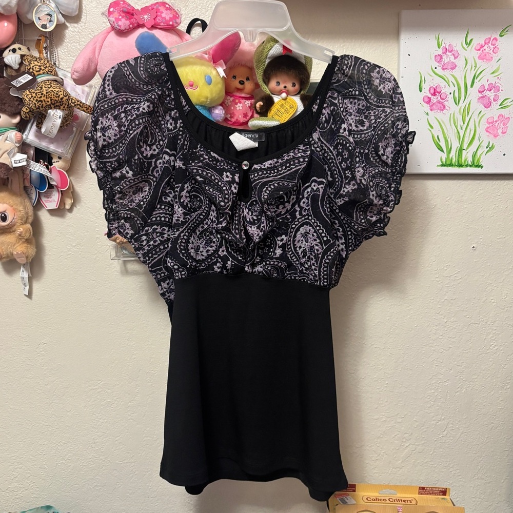 y2k Agenda Paisley Puff Sleeve Short Sleeve Top Size Large Petite